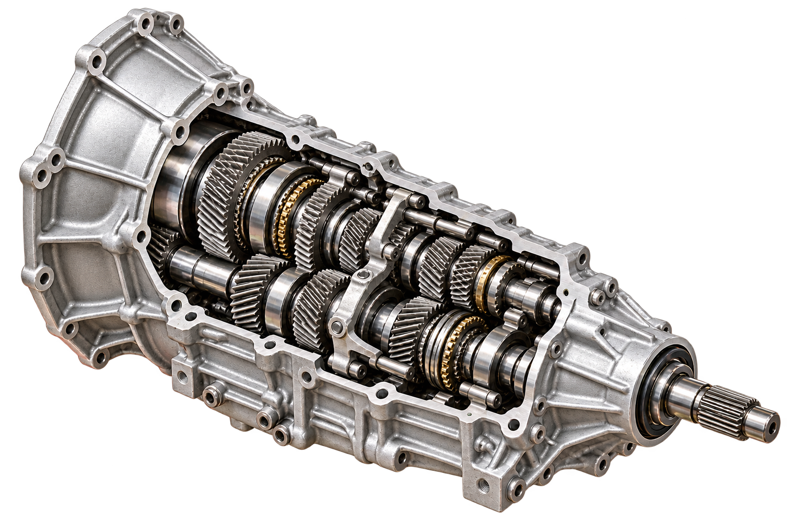 Conceptual cutaway gearbox showing its housing, gear assembly and output shaft
